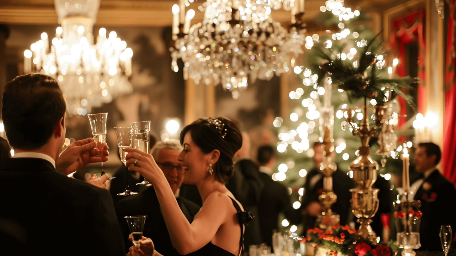 Guests in formal attire raise their glasses for a toast at a sophisticated, festive event.