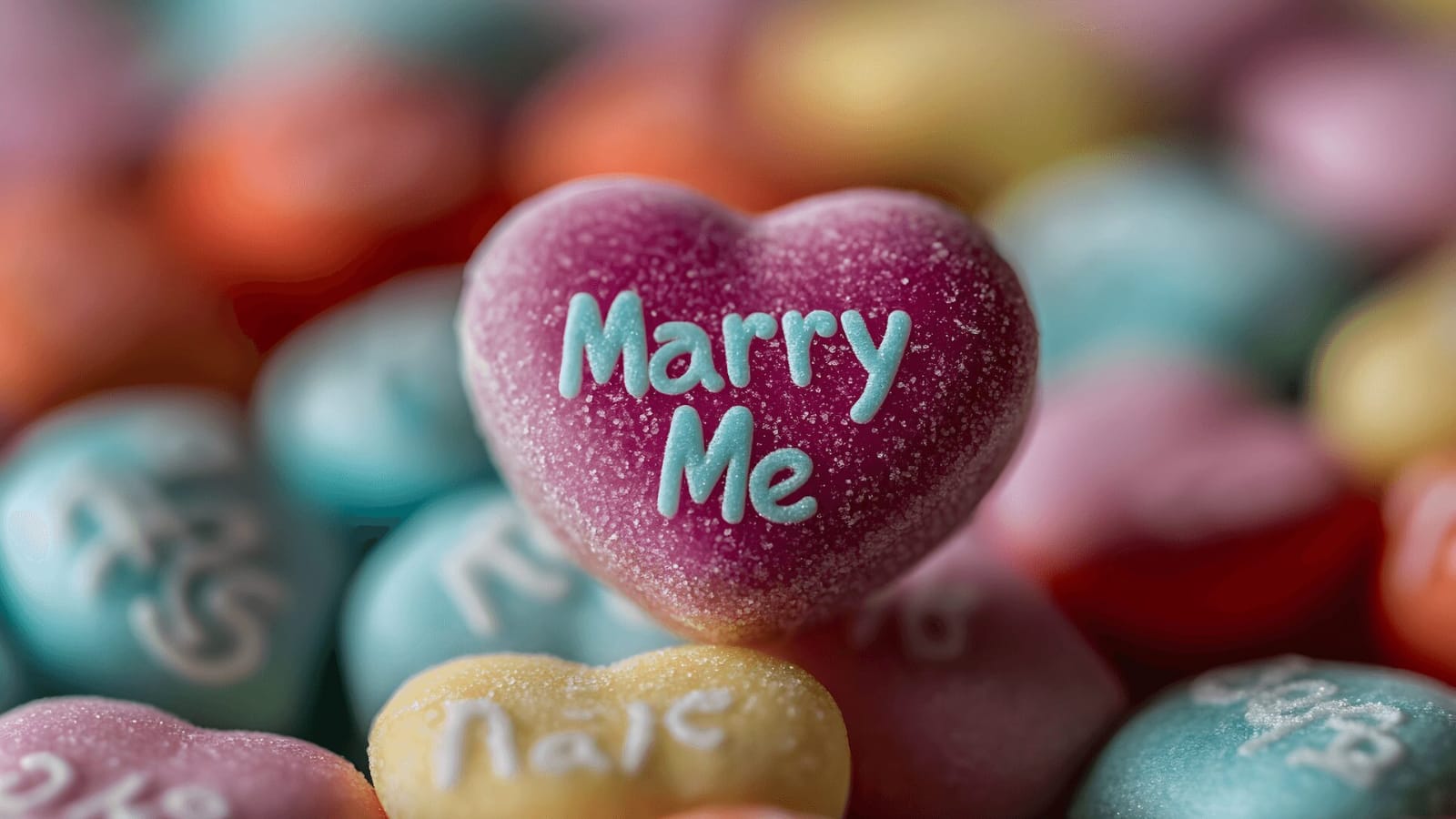 A close-up view of a colorful sweet candy heart with 'Marry Me' text, symbolizing romantic proposal.