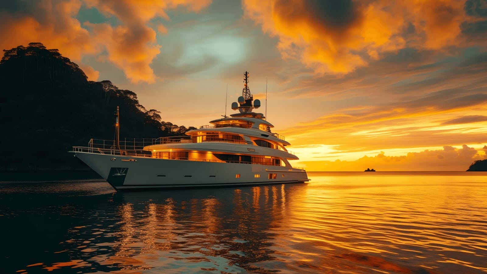 Luxury white yacht gliding on calm water at golden sunset, warm light reflecting off the hull as the horizon fades into soft amber tones.