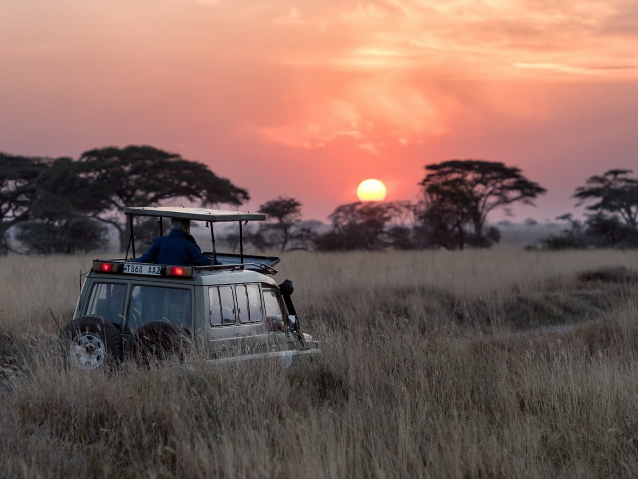 A safari vehicle on a dirt road in the African savanna during sunset.