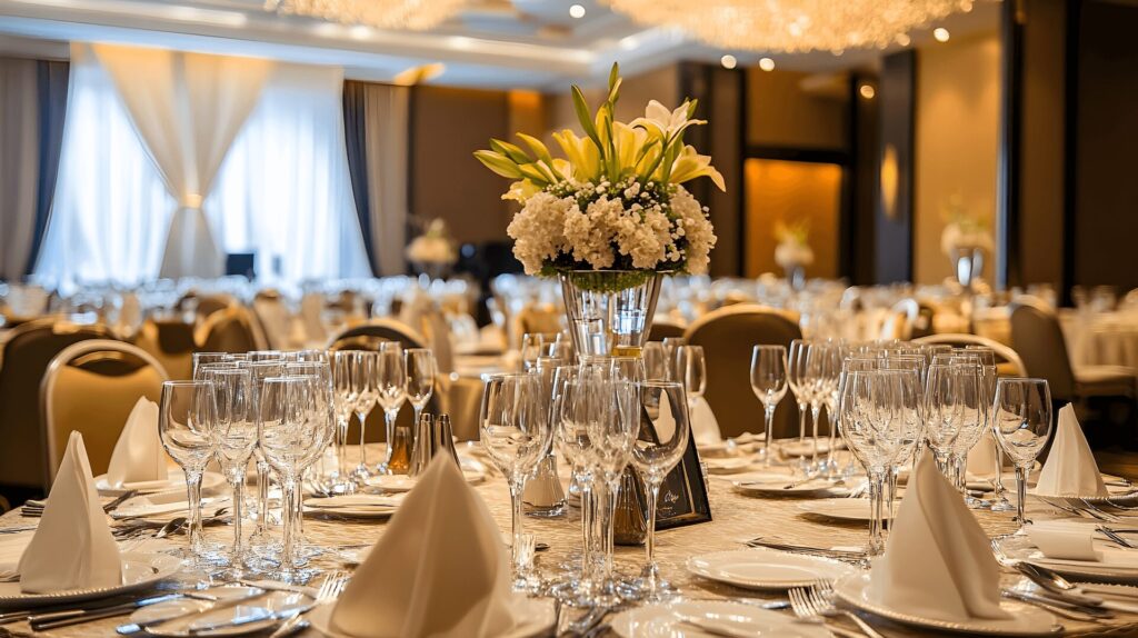 A luxury wedding dinner table, fully set with elegant tableware and decorations, ready for guests.